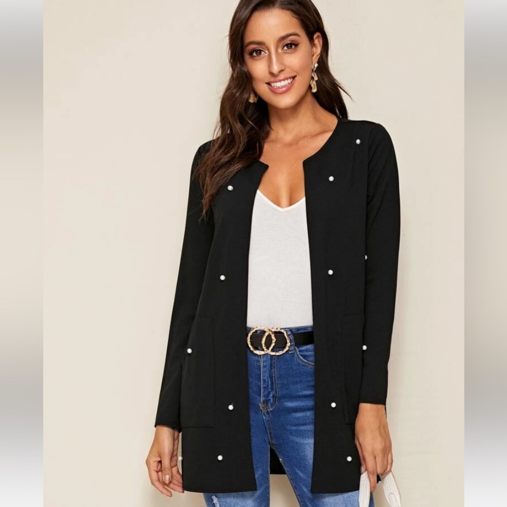 Pearl Detailed Black Longline Cardigan